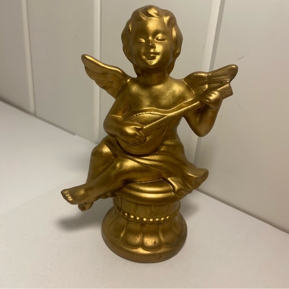Vintage gold cherub figurine winged angel boy playing instrument small statue - Picture 15 of 15